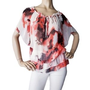 AB Studio Red & White Ruffled Chiffon Blouse